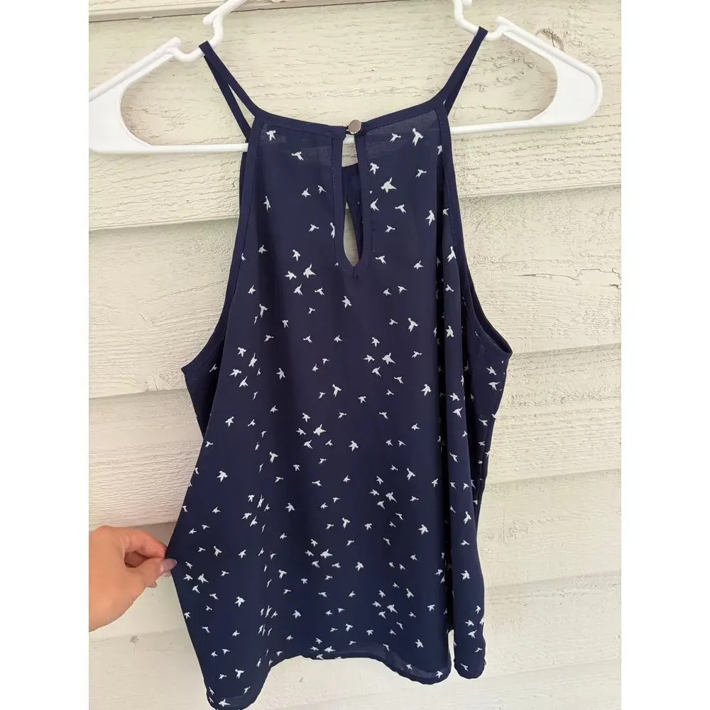 Papermoon Navy Bird Print Keyhole Tank Top Size Small Flowy Sleeveless Blouse - Picture 2 of 6